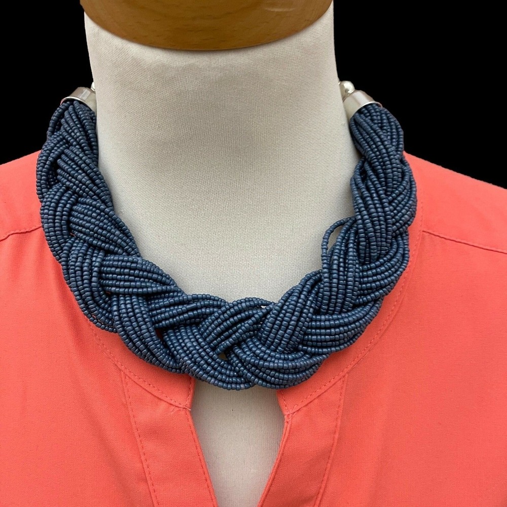 Silver-tone Blue Seed Beads Beaded‎ Women's Fashion Necklace NWOT